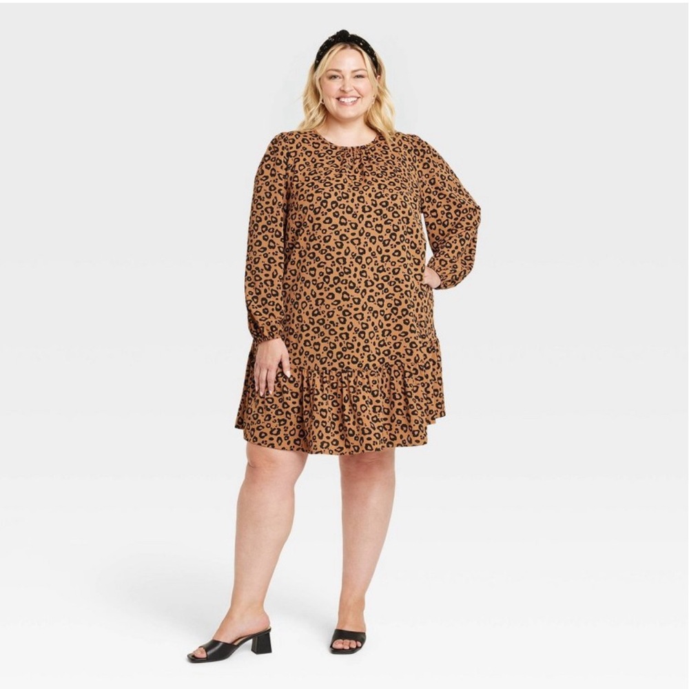 Ava & Viv Women's Brown Animal Print Long Sleeve Tiered Shift Dress